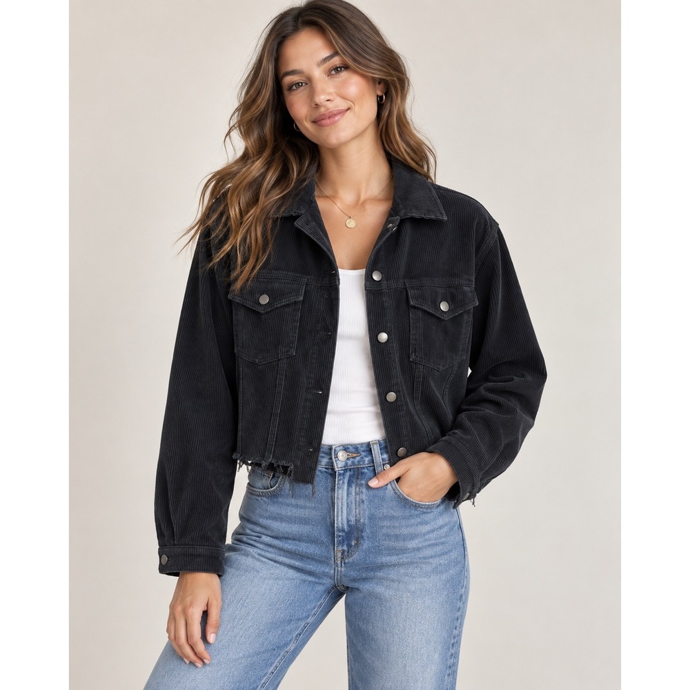 POL Black Corduroy Cropped Jacket Raw Hem Distressed Button Front Small